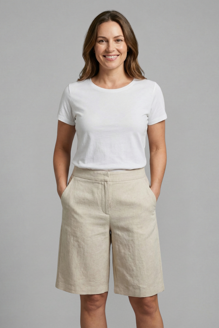 Shorts de tiro alto hasta la rodilla para mujer con bolsillos inclinados-Shorts for women-Casaluzia