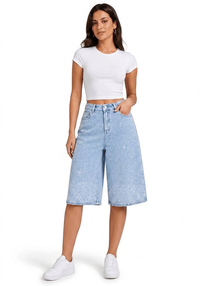 Shorts tipo bermuda de tiro alto con pedrería para mujer-Shorts for women-Casaluzia