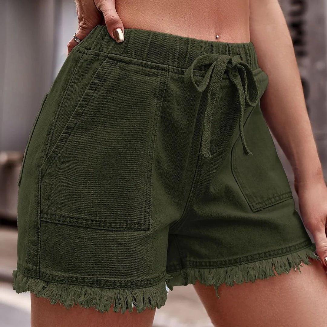 Shorts vaqueros deshilachados con cintura elástica y cordón para mujer-Shorts for women-Casaluzia