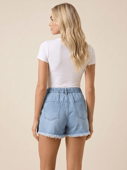 Shorts vaqueros deshilachados con cintura elástica y cordón para mujer-Shorts for women-Casaluzia