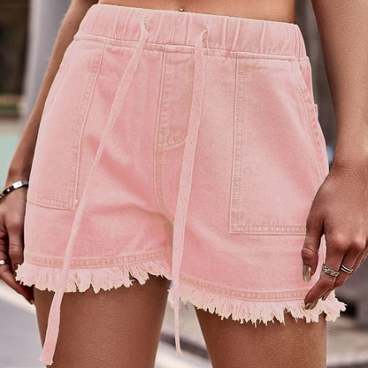 Shorts vaqueros deshilachados con cintura elástica y cordón para mujer-Shorts for women-Casaluzia