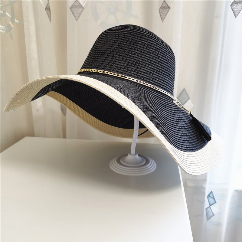 Sombrero de sol de ala ancha bicolor para mujer con cadena-Accessories for Women-Casaluzia