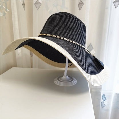 Sombrero de sol de ala ancha bicolor para mujer con cadena-Accessories for Women-Casaluzia