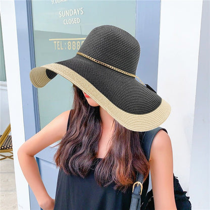 Sombrero de sol de ala ancha bicolor para mujer con cadena-Accessories for Women-Casaluzia