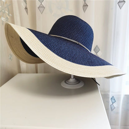 Sombrero de sol de ala ancha bicolor para mujer con cadena-Accessories for Women-Casaluzia