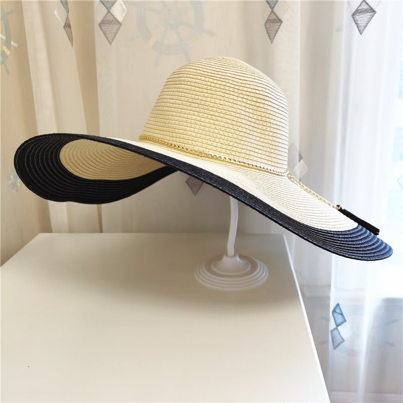 Sombrero de sol de ala ancha bicolor para mujer con cadena-Accessories for Women-Casaluzia