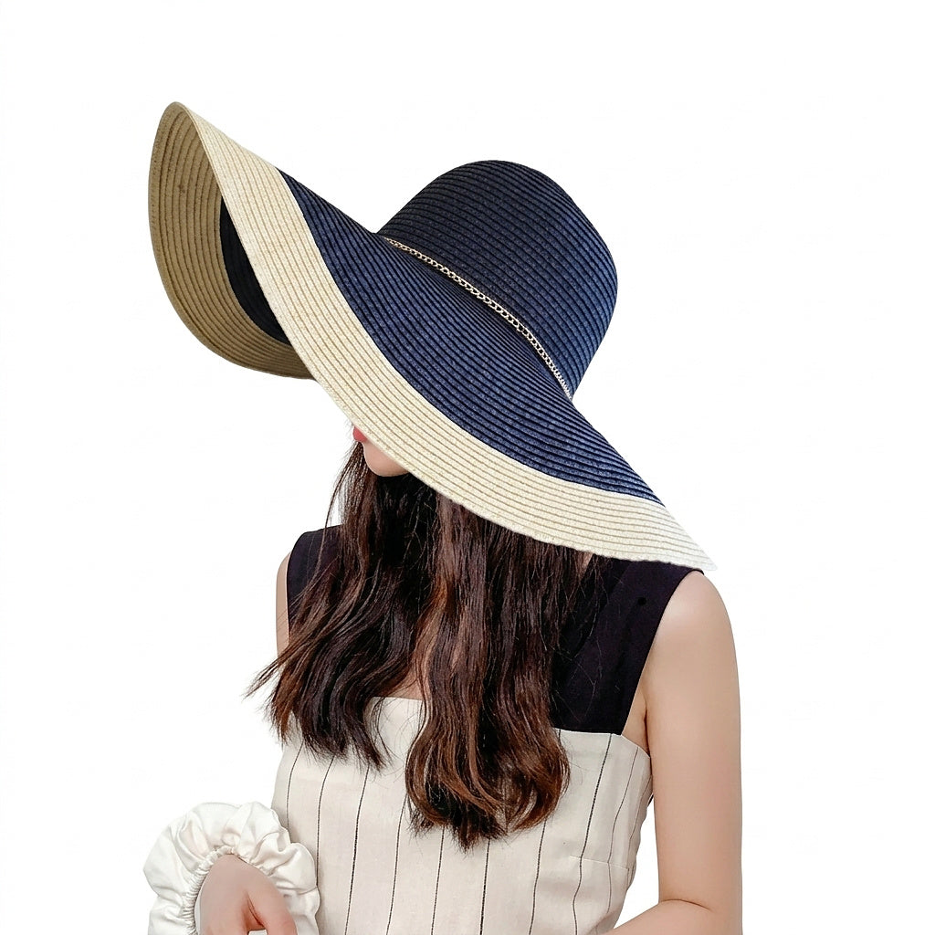 Sombrero de sol de ala ancha bicolor para mujer con cadena-Accessories for Women-Casaluzia