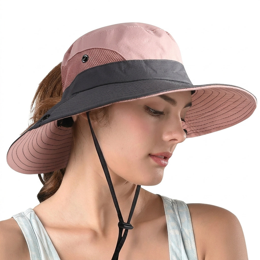 Sombrero de sol de ala ancha para mujer con abertura para coleta-Accessories for Women-Casaluzia