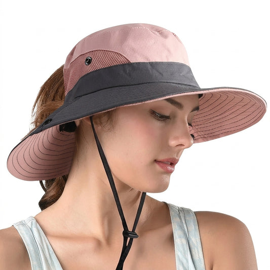 Sombrero de sol de ala ancha para mujer con abertura para coleta-Accessories for Women-Casaluzia