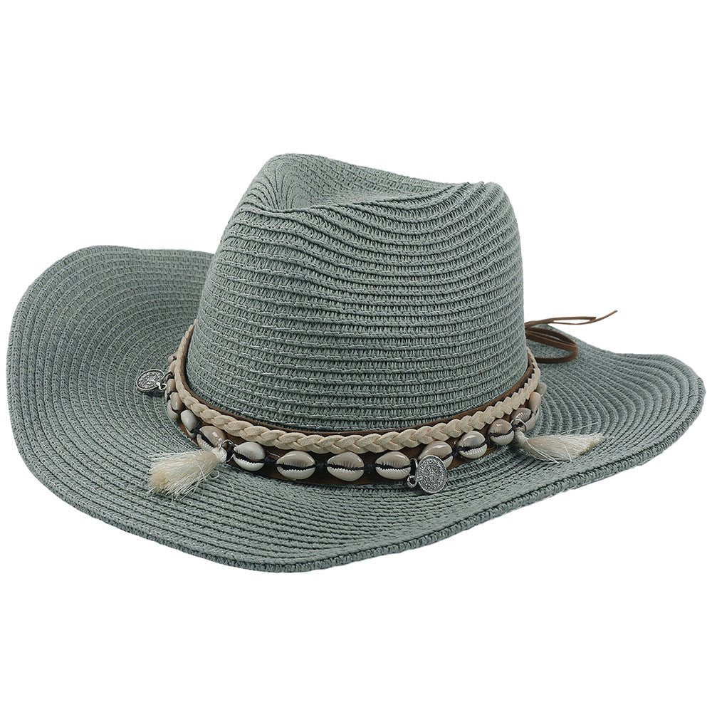 Sombrero de vaquero de paja para mujer con banda de conchas-Accessories for Women-Casaluzia