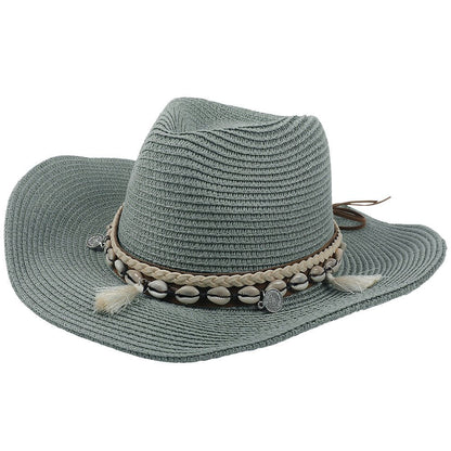 Sombrero de vaquero de paja para mujer con banda de conchas-Accessories for Women-Casaluzia