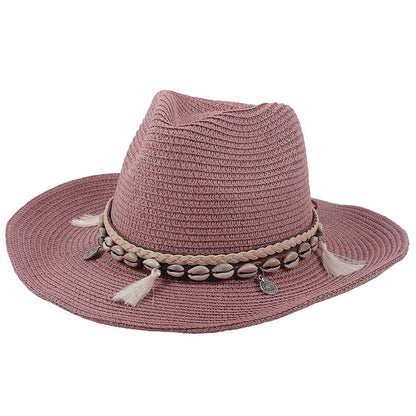Sombrero de vaquero de paja para mujer con banda de conchas-Accessories for Women-Casaluzia