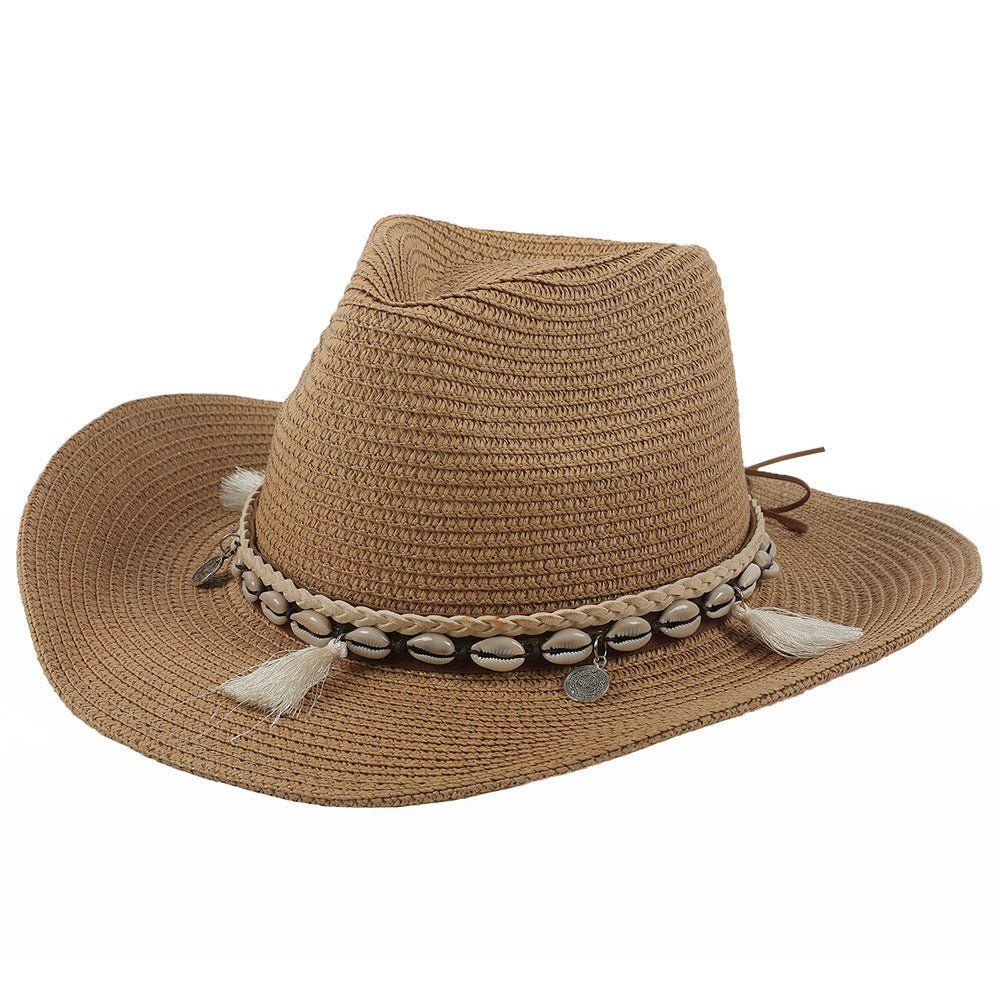 Sombrero de vaquero de paja para mujer con banda de conchas-Accessories for Women-Casaluzia