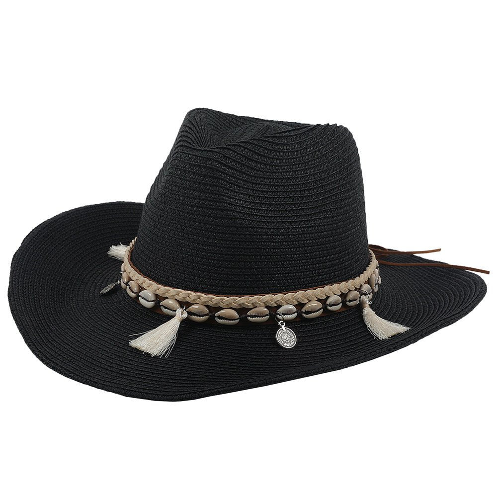 Sombrero de vaquero de paja para mujer con banda de conchas-Accessories for Women-Casaluzia