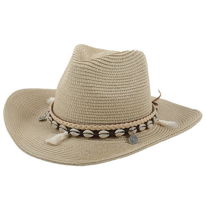 Sombrero de vaquero de paja para mujer con banda de conchas-Accessories for Women-Casaluzia