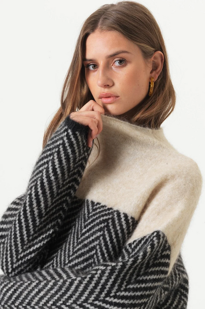 Suéter de cuello alto con patrón de chevrón para mujer-Sweaters for Women-Casaluzia