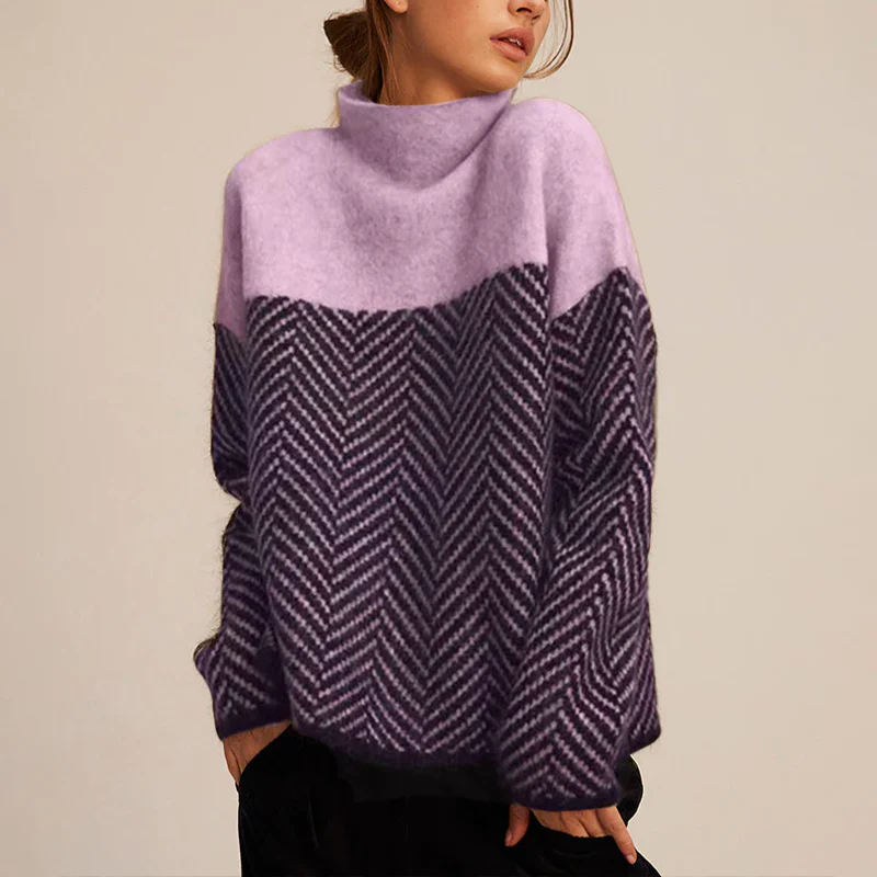 Suéter de cuello alto con patrón de chevrón para mujer-Sweaters for Women-Casaluzia