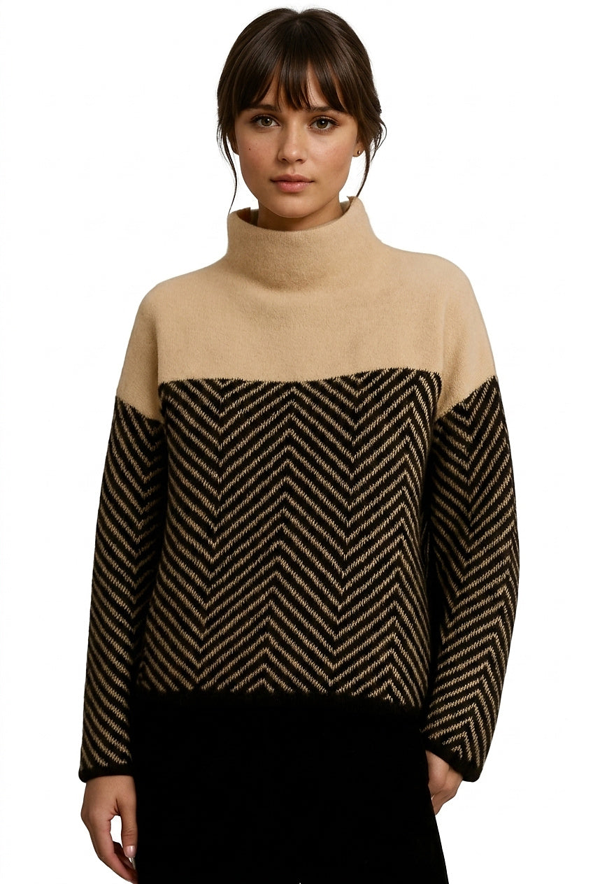 Suéter de cuello alto con patrón de chevrón para mujer-Sweaters for Women-Casaluzia