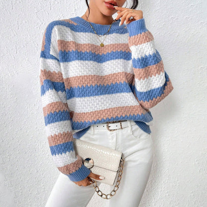 Suéter de punto a rayas con cuello redondo para mujer-Sweaters for Women-Casaluzia