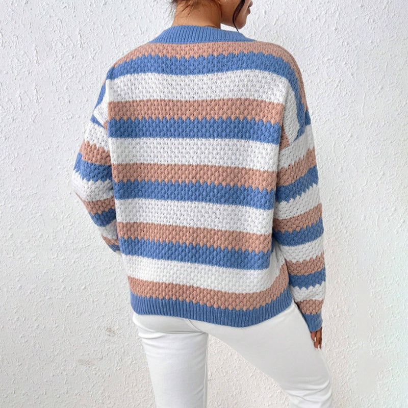Suéter de punto a rayas con cuello redondo para mujer-Sweaters for Women-Casaluzia