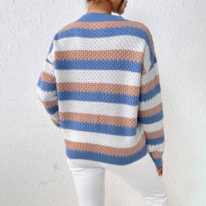 Suéter de punto a rayas con cuello redondo para mujer-Sweaters for Women-Casaluzia