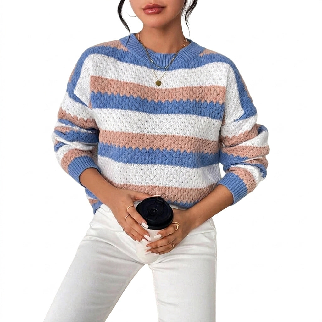 Suéter de punto a rayas con cuello redondo para mujer-Sweaters for Women-Casaluzia