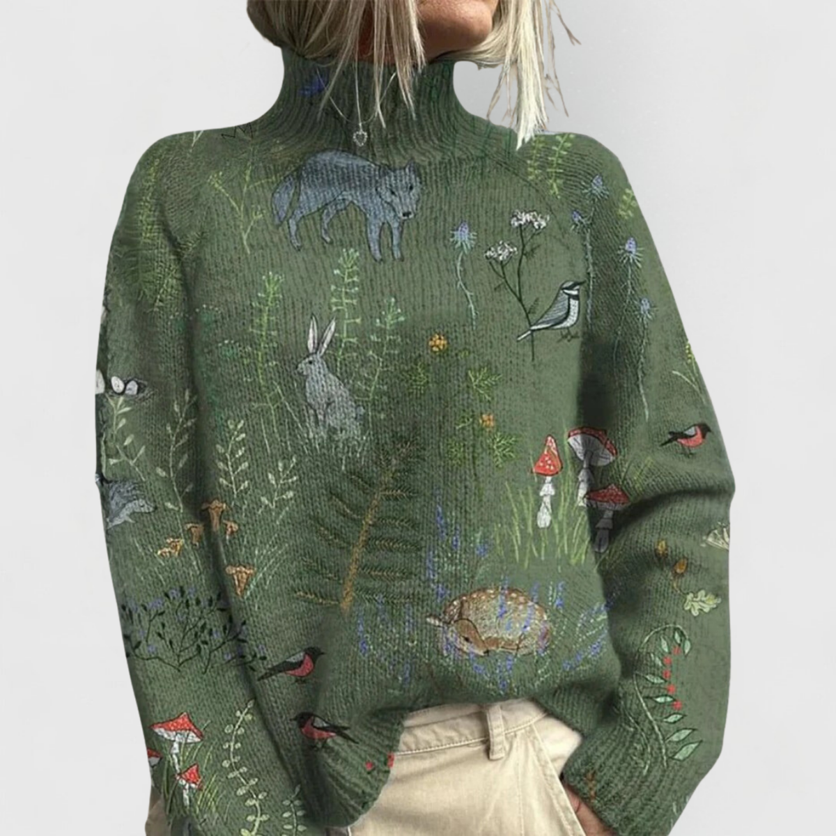 Suéter de punto con cuello alto y estampado floral para mujer-Sweaters for Women-Casaluzia