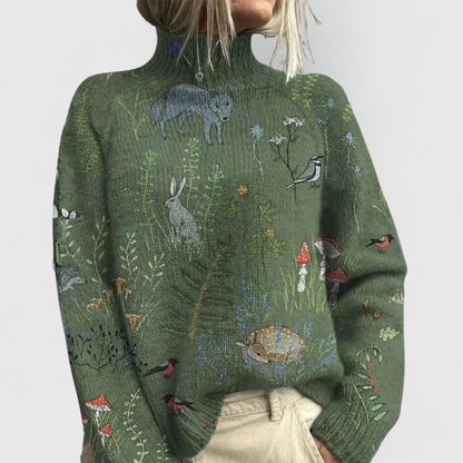 Suéter de punto con cuello alto y estampado floral para mujer-Sweaters for Women-Casaluzia