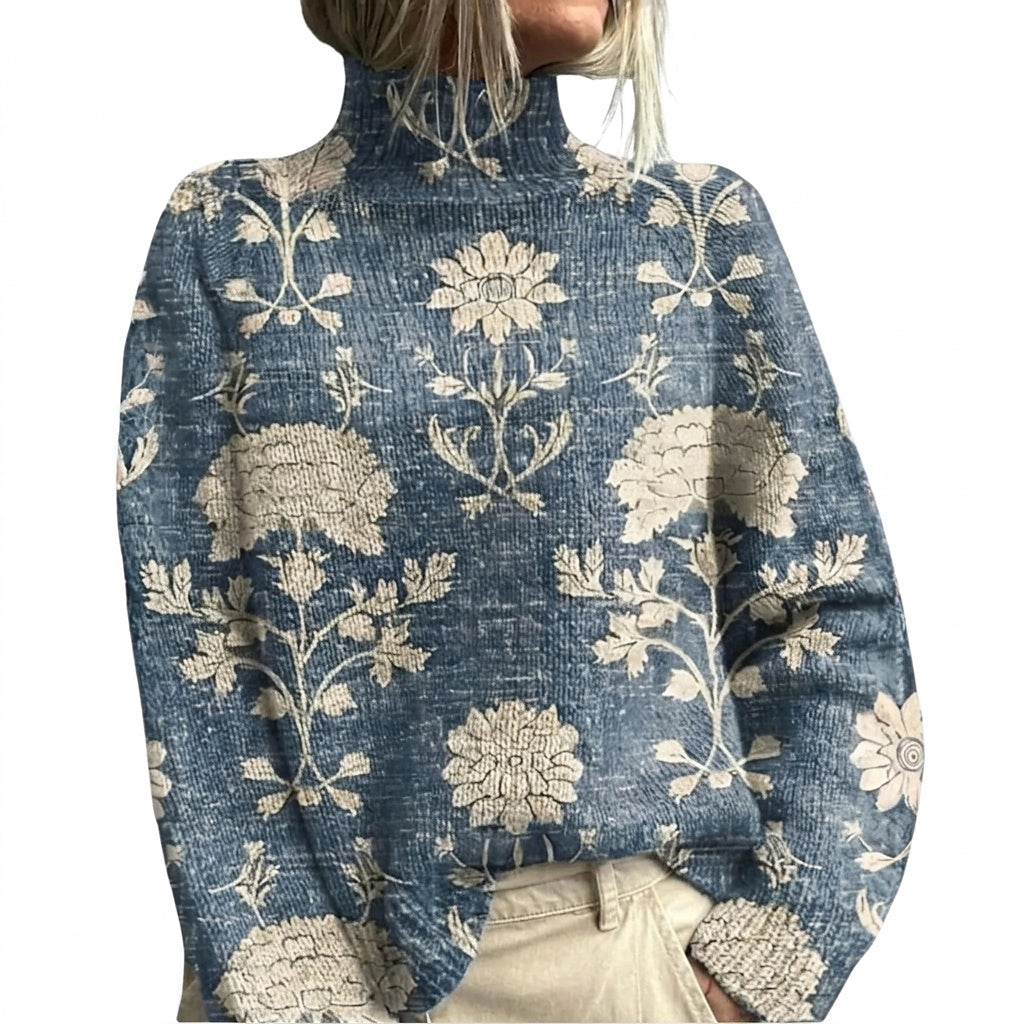 Suéter de punto con cuello alto y estampado floral para mujer-Sweaters for Women-Casaluzia