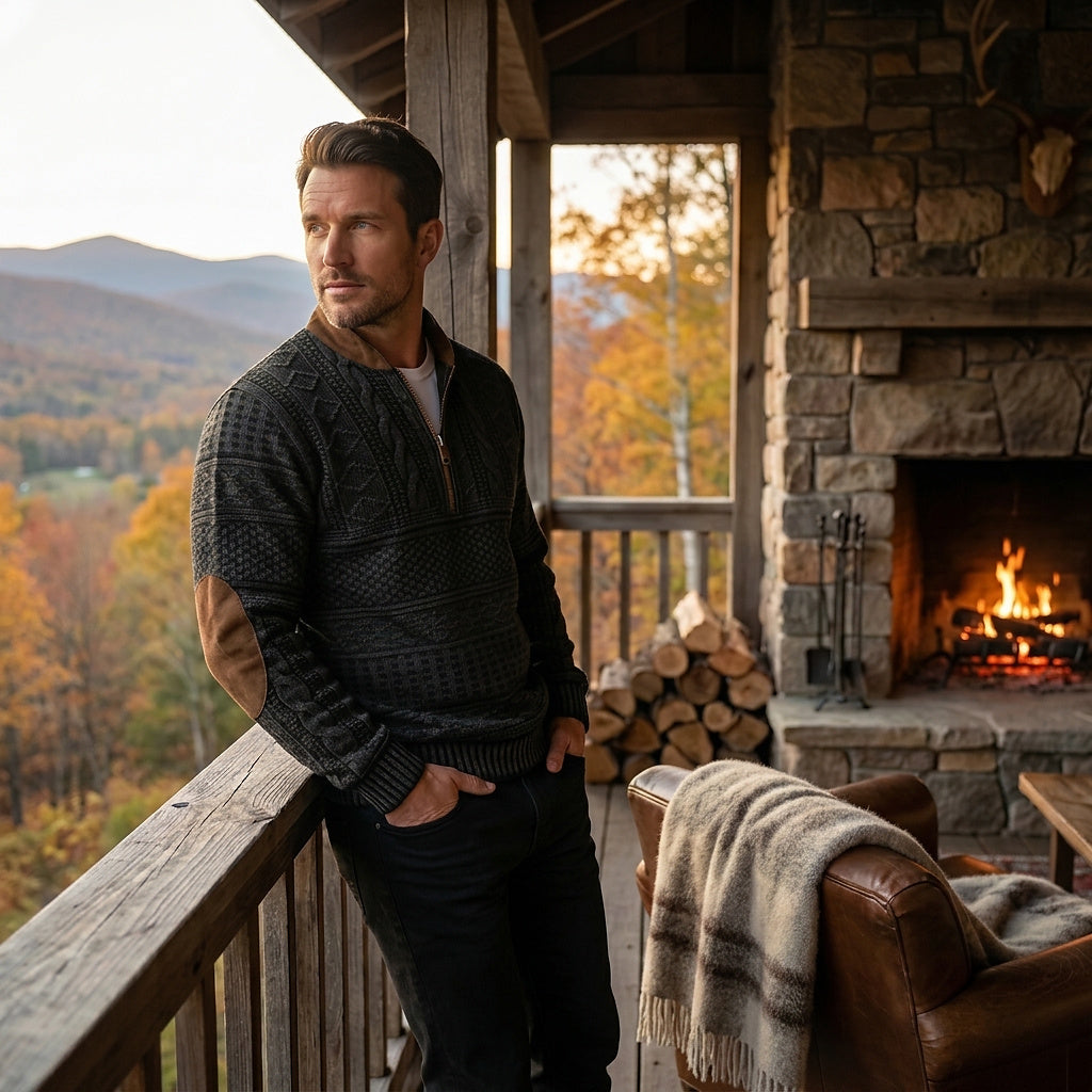 Suéter de punto con media cremallera y parches en los codos para hombre-Sweaters for men-Casaluzia