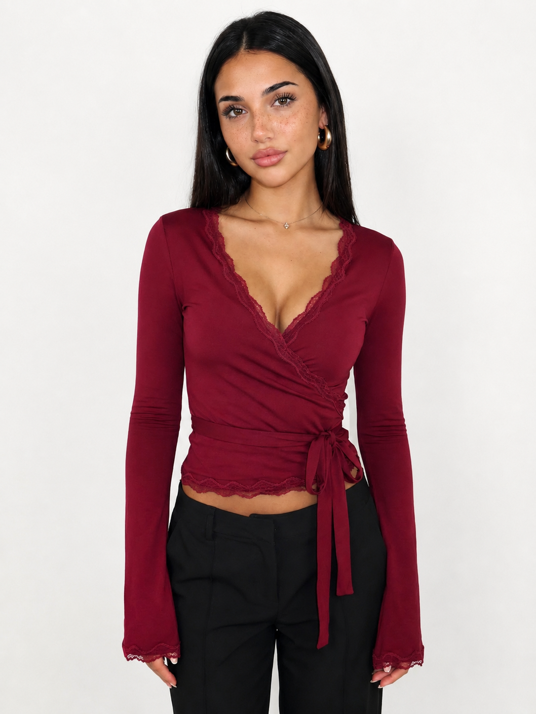 Top cruzado para mujer con manga larga, ribete de encaje y lazo lateral-Tops for women-Casaluzia