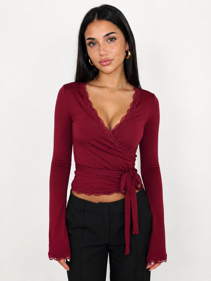 Top cruzado para mujer con manga larga, ribete de encaje y lazo lateral-Tops for women-Casaluzia