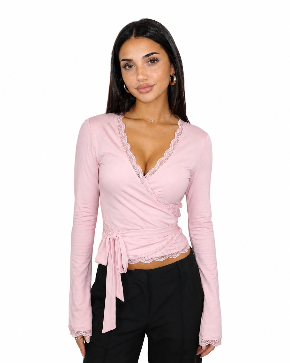 Top cruzado para mujer con manga larga, ribete de encaje y lazo lateral-Tops for women-Casaluzia