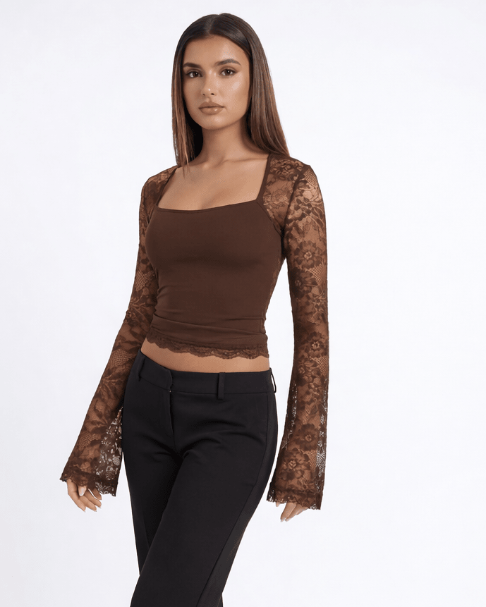 Top de cuello cuadrado con mangas de encaje para mujer-Blouses for women-Casaluzia