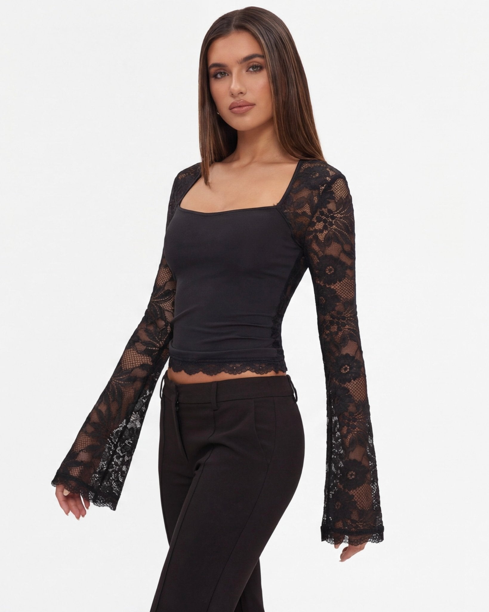 Top de cuello cuadrado con mangas de encaje para mujer-Blouses for women-Casaluzia