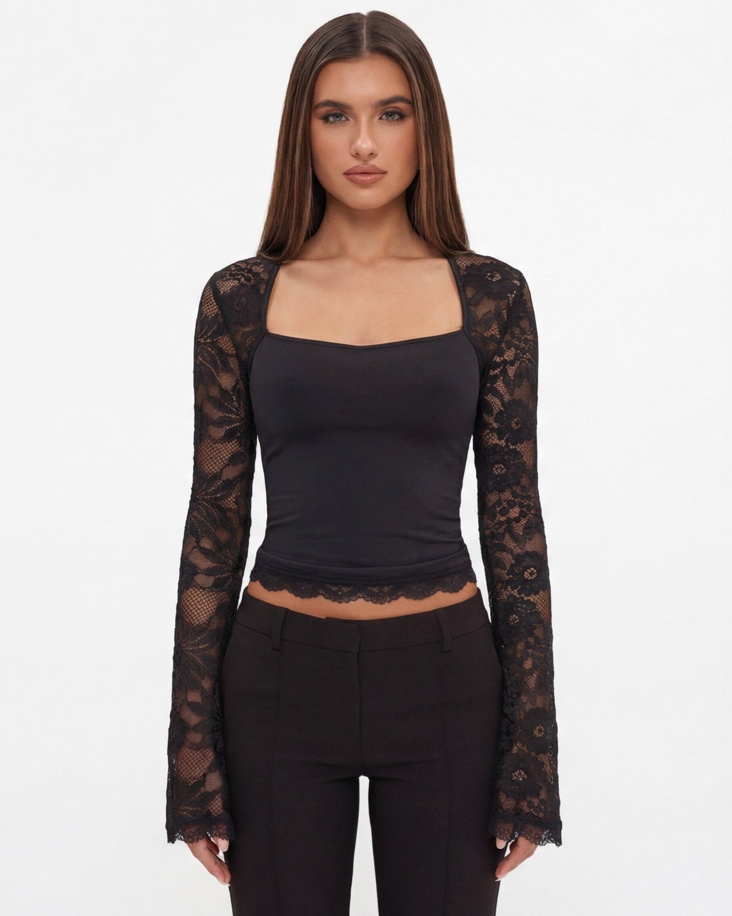 Top de cuello cuadrado con mangas de encaje para mujer-Blouses for women-Casaluzia