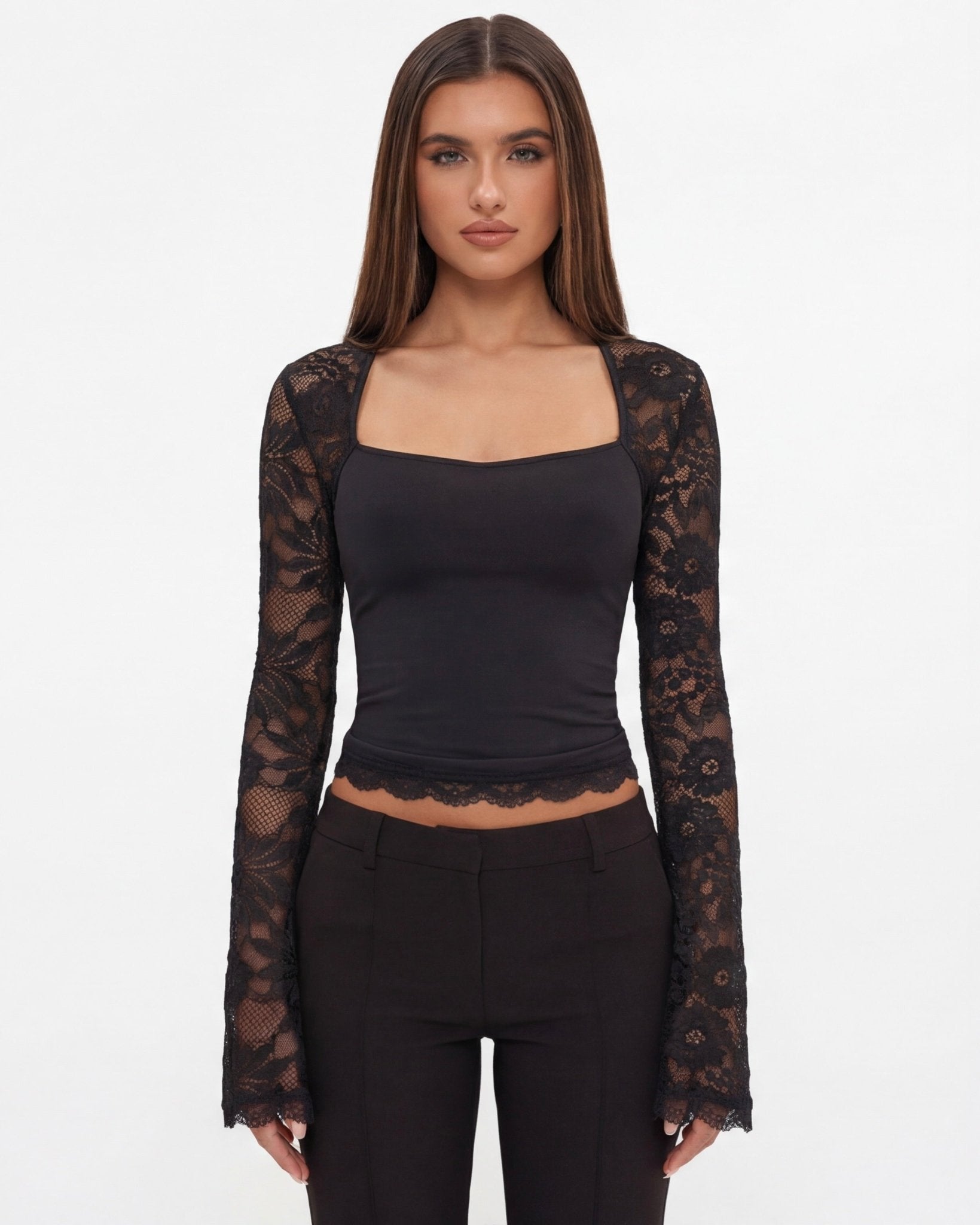 Top de cuello cuadrado con mangas de encaje para mujer-Blouses for women-Casaluzia
