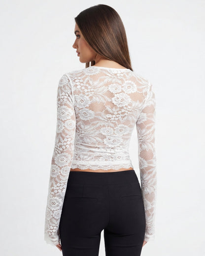 Top de cuello cuadrado con mangas de encaje para mujer-Blouses for women-Casaluzia