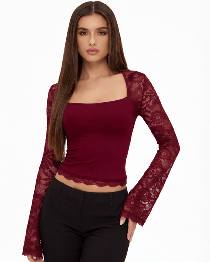 Top de cuello cuadrado con mangas de encaje para mujer-Blouses for women-Casaluzia