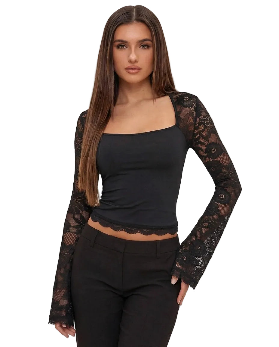 Top de cuello cuadrado con mangas de encaje para mujer-Blouses for women-Casaluzia