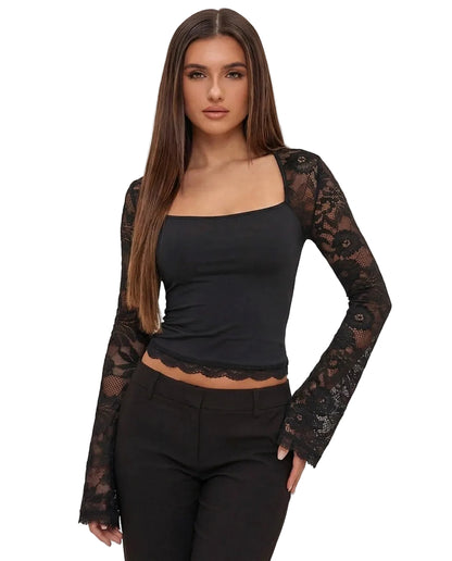 Top de cuello cuadrado con mangas de encaje para mujer-Blouses for women-Casaluzia