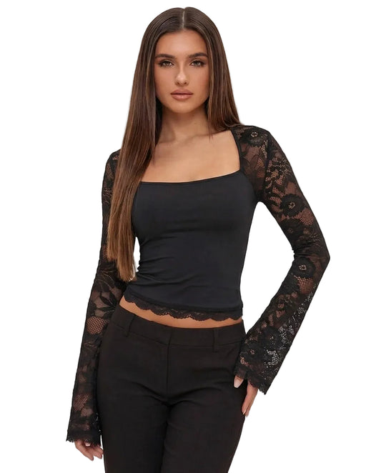 Top de cuello cuadrado con mangas de encaje para mujer-Blouses for women-Casaluzia