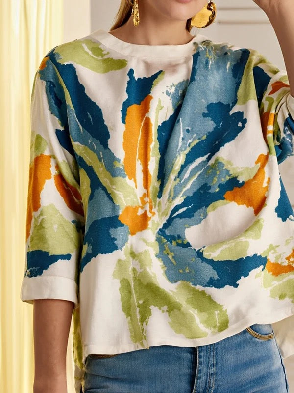Top de cuello redondo con estampado abstracto para mujer-Tops for women-Casaluzia