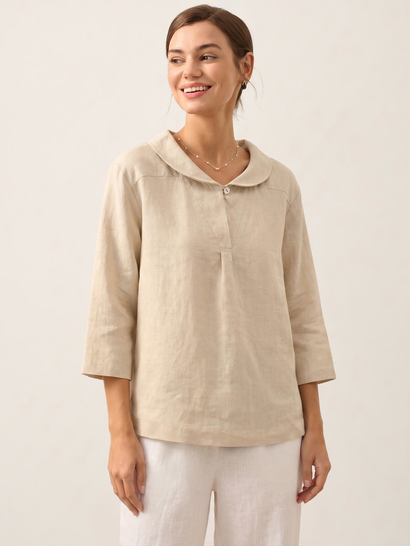Top de lino con cuello chal y escote en V para mujer-Tops for women-Casaluzia