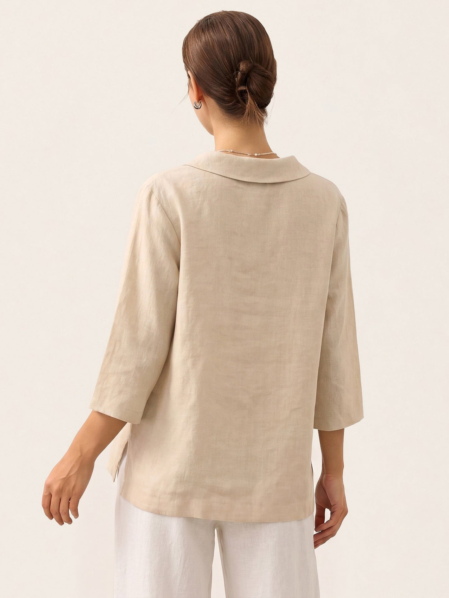Top de lino con cuello chal y escote en V para mujer-Tops for women-Casaluzia