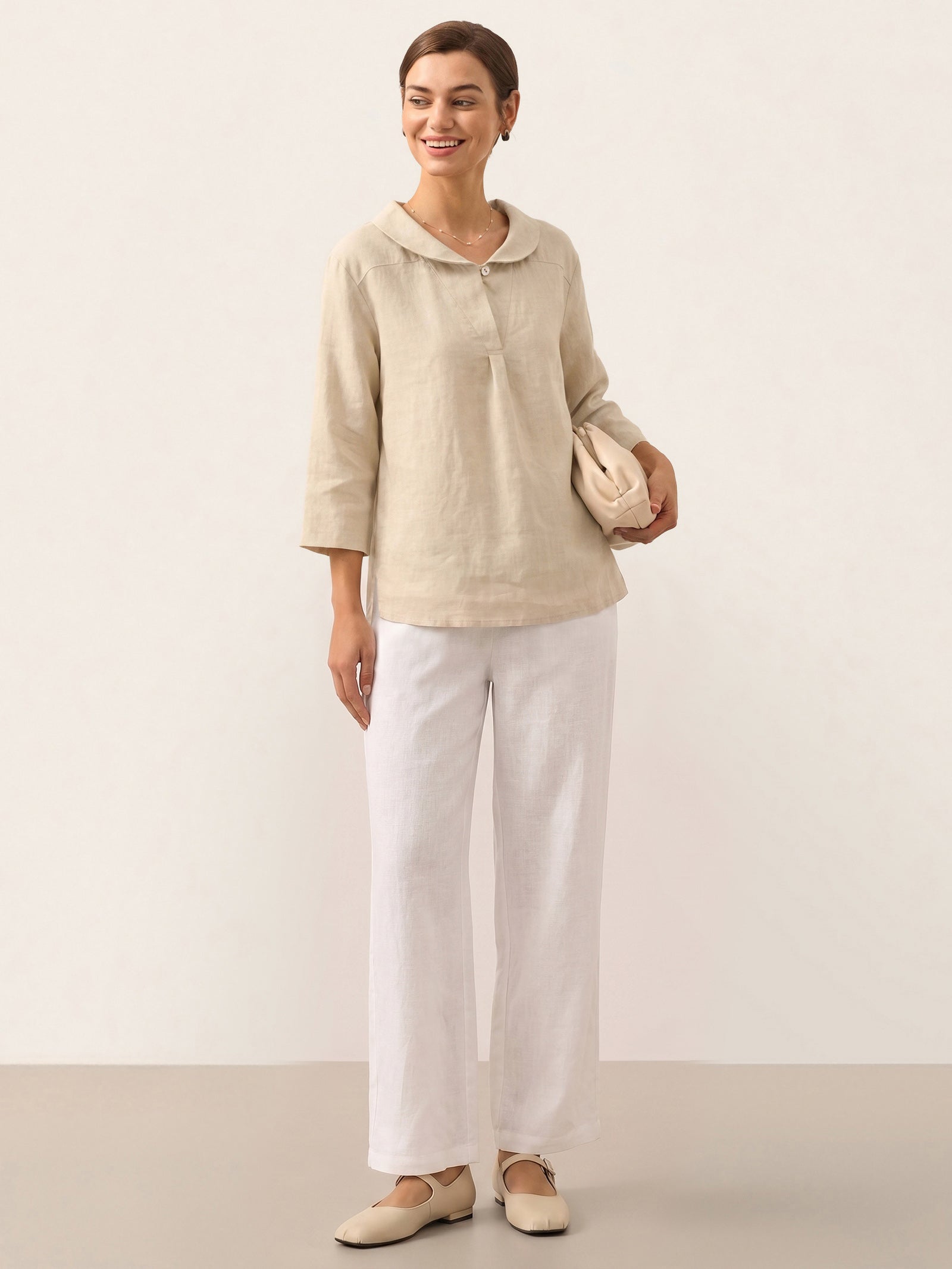Top de lino con cuello chal y escote en V para mujer-Tops for women-Casaluzia