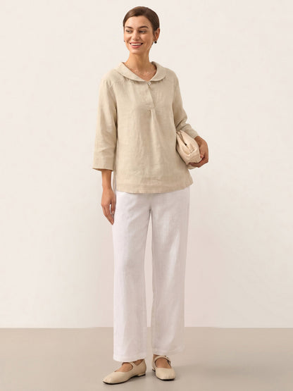 Top de lino con cuello chal y escote en V para mujer-Tops for women-Casaluzia