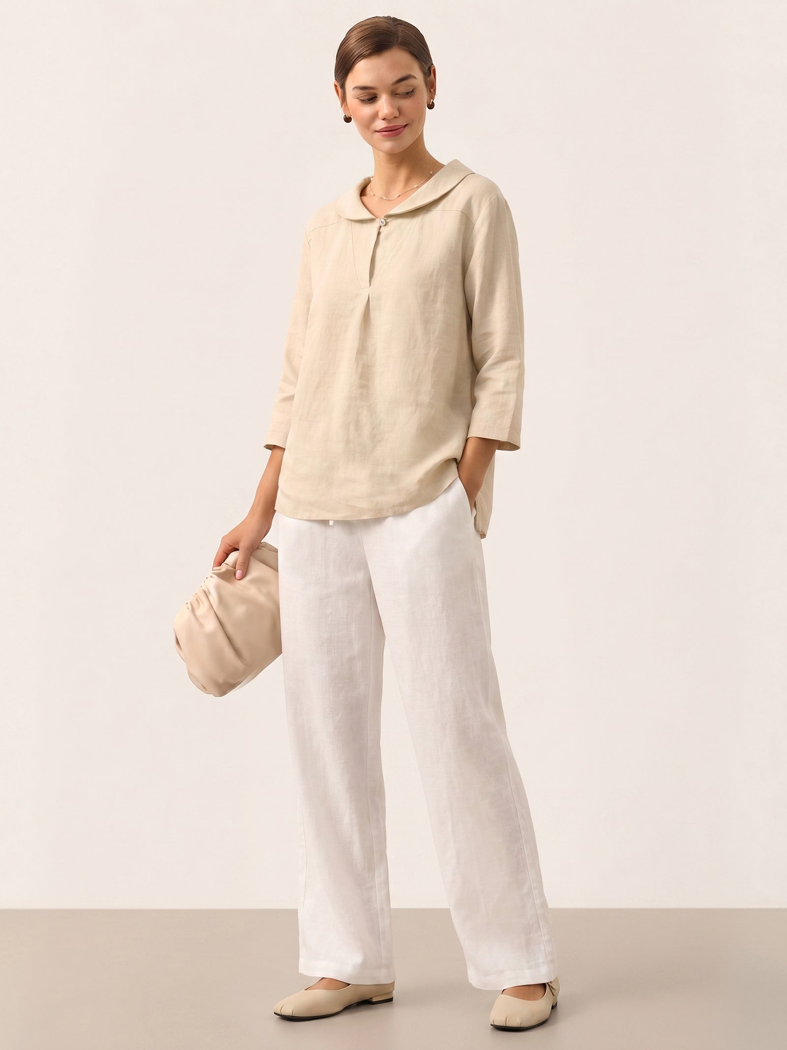 Top de lino con cuello chal y escote en V para mujer-Tops for women-Casaluzia