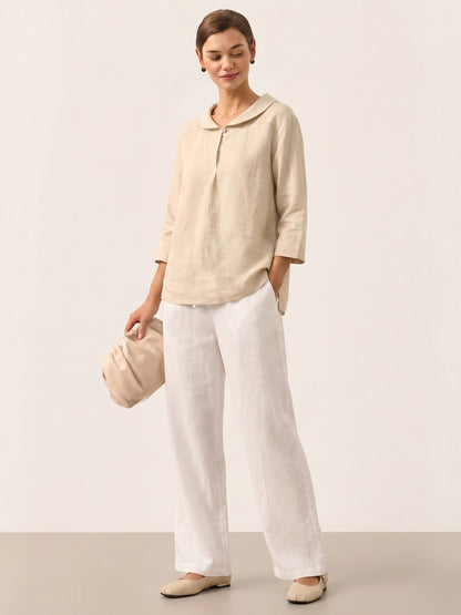 Top de lino con cuello chal y escote en V para mujer-Tops for women-Casaluzia
