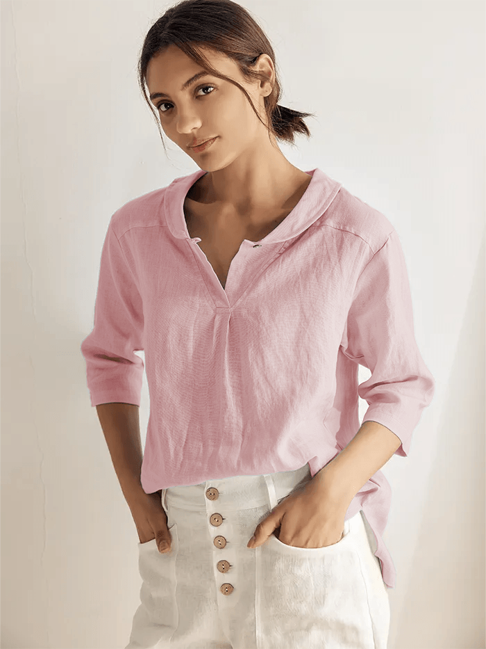 Top de lino con cuello chal y escote en V para mujer-Tops for women-Casaluzia